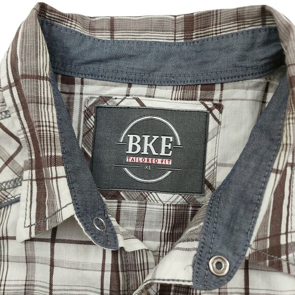 BKE Mens Tailored Fit Plaid Shirt XL White Brown Short Sleeve Pearl Button - Picture 11 of 12